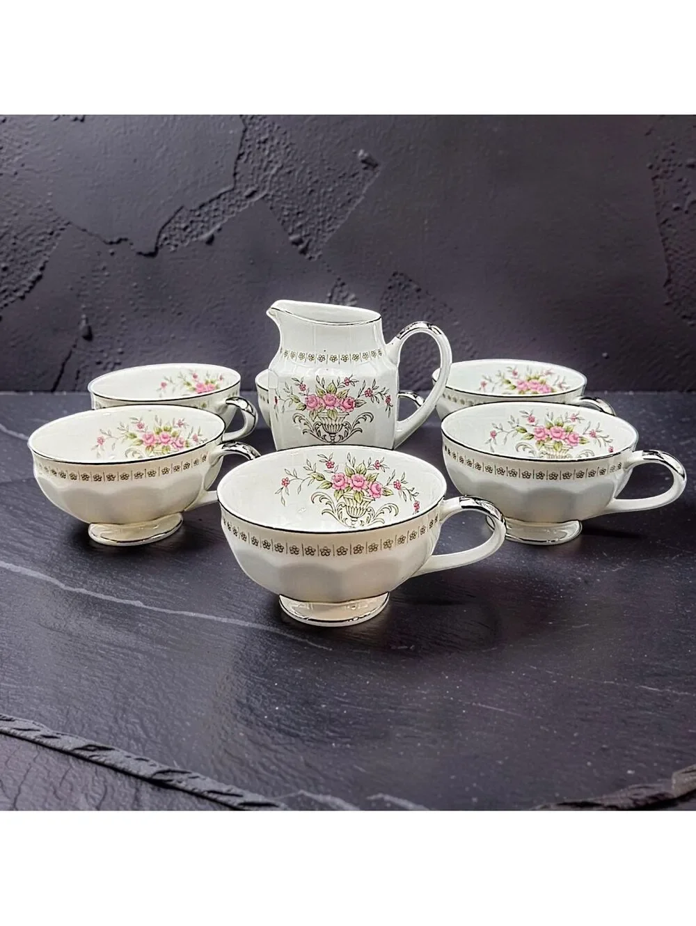 Vintage Harmony House Michelle 3653 7 Pc Tea Set 6 Cups and a Creamer Japan